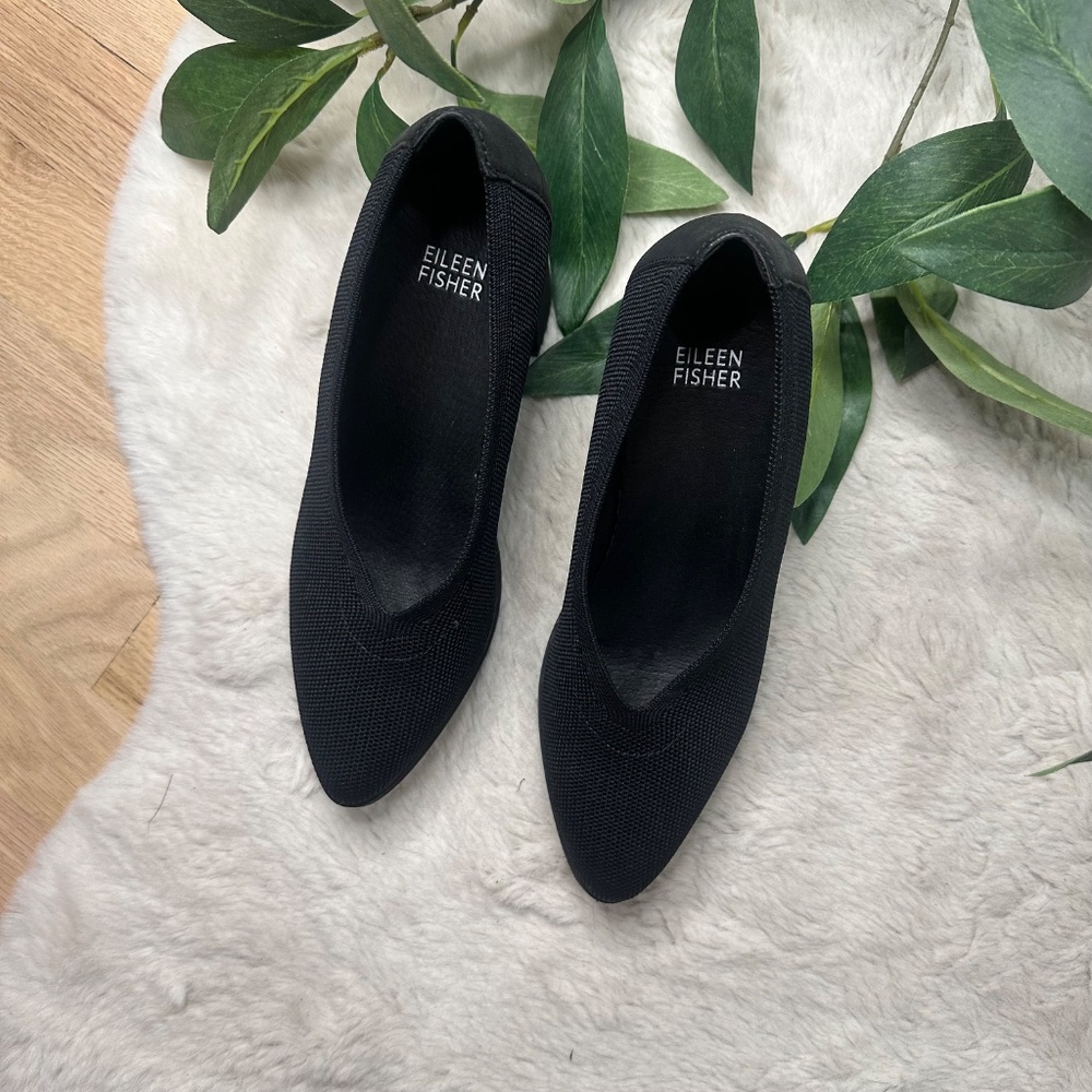 Eileen Fisher Black Knit Block Heels "Gabby Knit" | Minimal Work Shoes - Picture 2 of 5